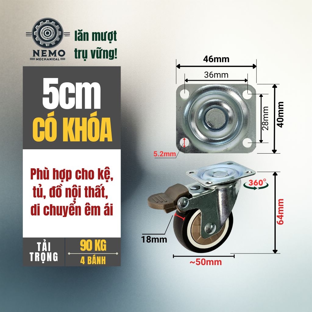 Bánh Xe TPR Nội Thất Cao Cấp – Chống Ồn, Không Xước Sàn (D40, D50)